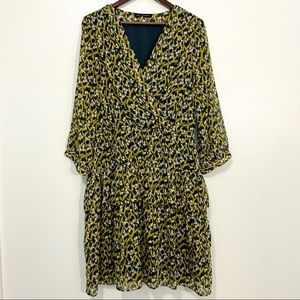 Banana Republic Yellow Green Faux Wrap Dress Tiered Ruffle Skirt